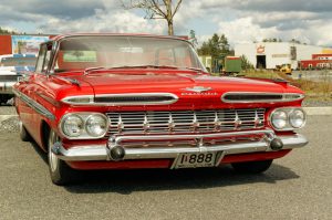 Grimstad, Norway - May 1, 2015: Chevrolet in red at American cars show "AmCar monstring".